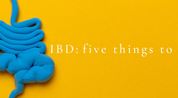 infographic of a large intestine to represent chronic GI conditions Inflammatory bowel disease (IBD) The text "IDB: Five things to know" is overlaid on the image.
